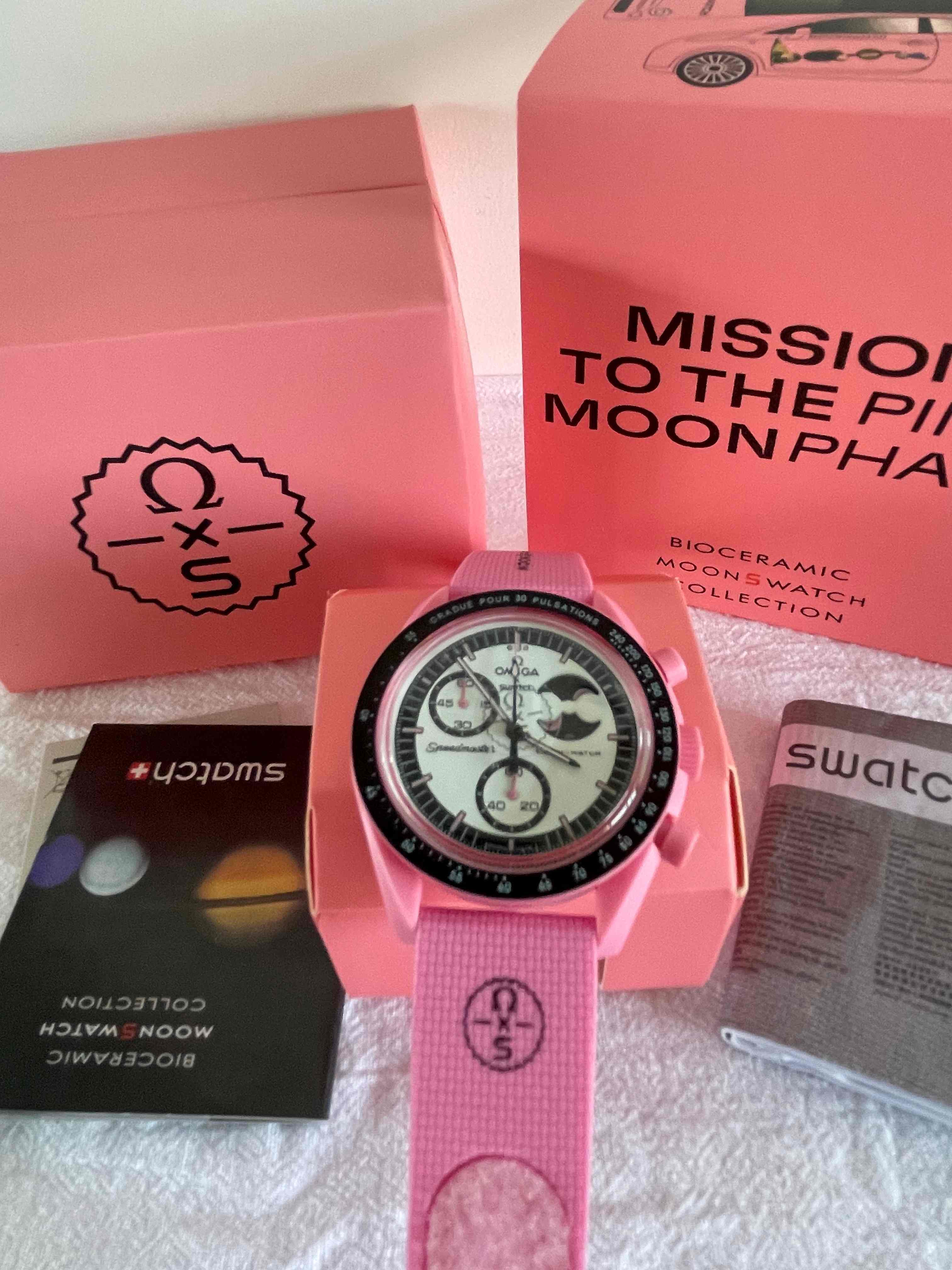 Nwot Women's Swatch X Omega Bioceramic Moonswatch Mission To The Moonphase Pink
